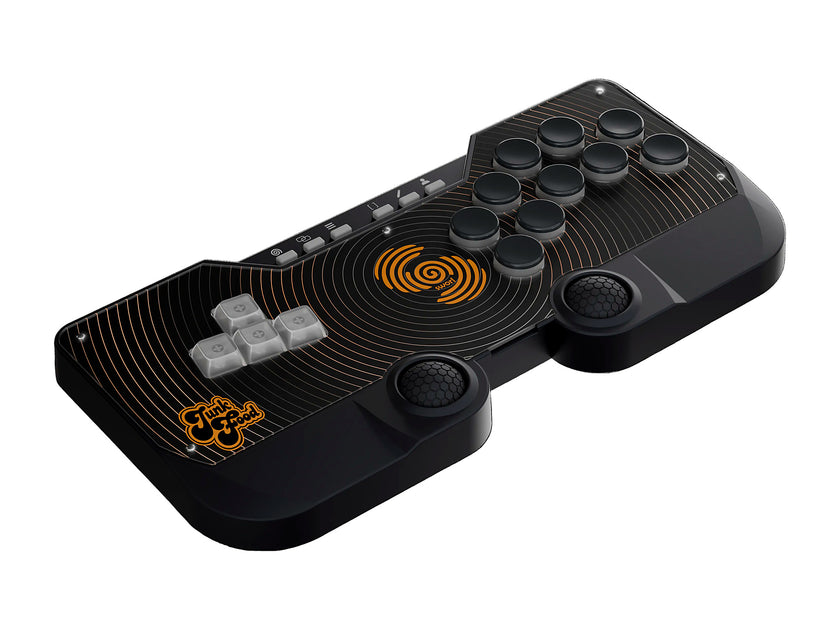 SWORL leverless FGC fight stick controller with standard artwork, angled view on a white background