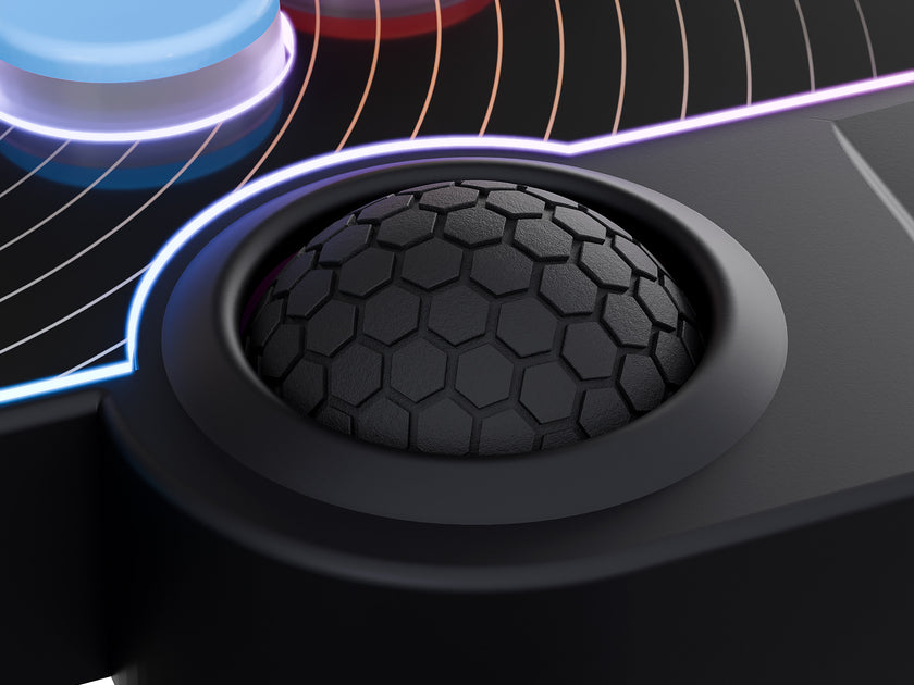 Close-up of a textured Hall effect analog thumb dome on the SWORL leverless FGC fight stick controller