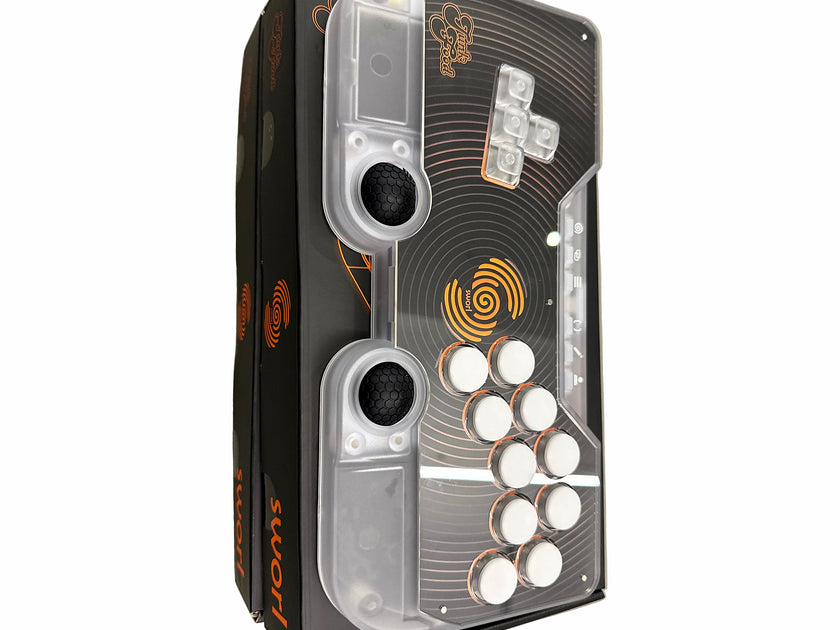 Clear SWORL leverless FGC fight stick controller standing upright on its retail box