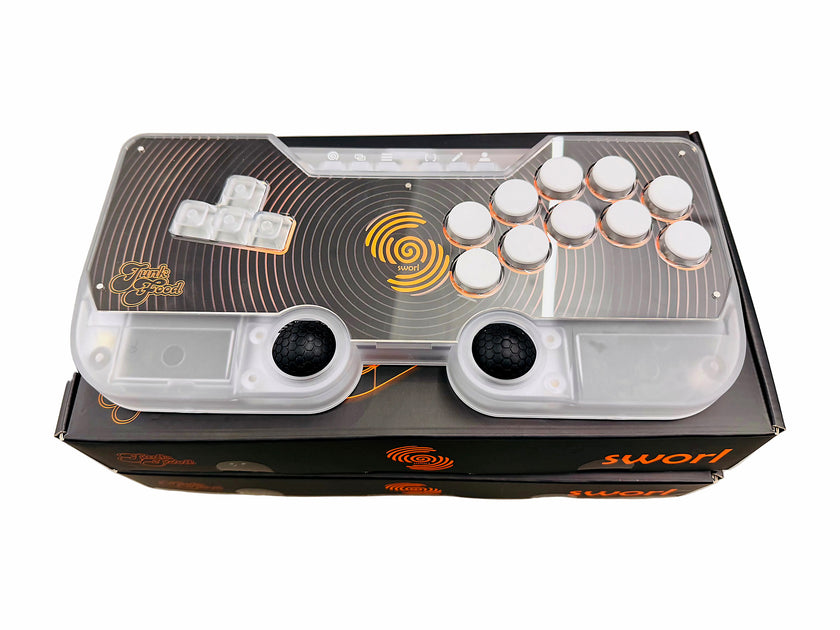 Clear SWORL leverless FGC fight stick controller with Hall effect thumb domes displayed on its retail box