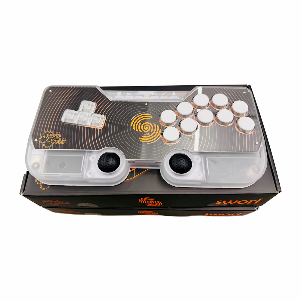 Clear SWORL leverless FGC fight stick controller with Hall effect thumb domes displayed on its retail box