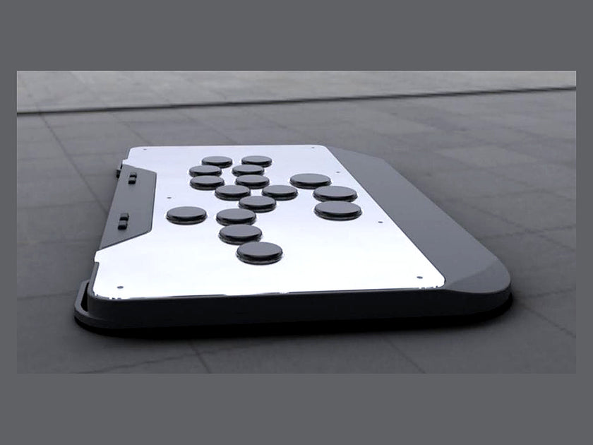 SLIDER modular leverless fight stick controller with a silver top and black buttons