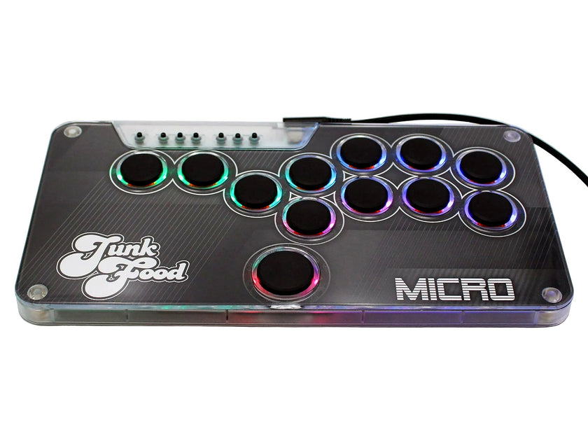 Snack Box MICRO leverless FGC fight stick controller with JunkFood artwork, RGB LEDs lit and USB-C cable attached