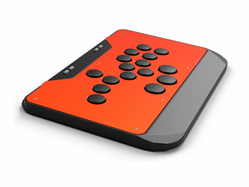 SLIDER modular 16-button leverless fight stick controller with orange top, render on a white background