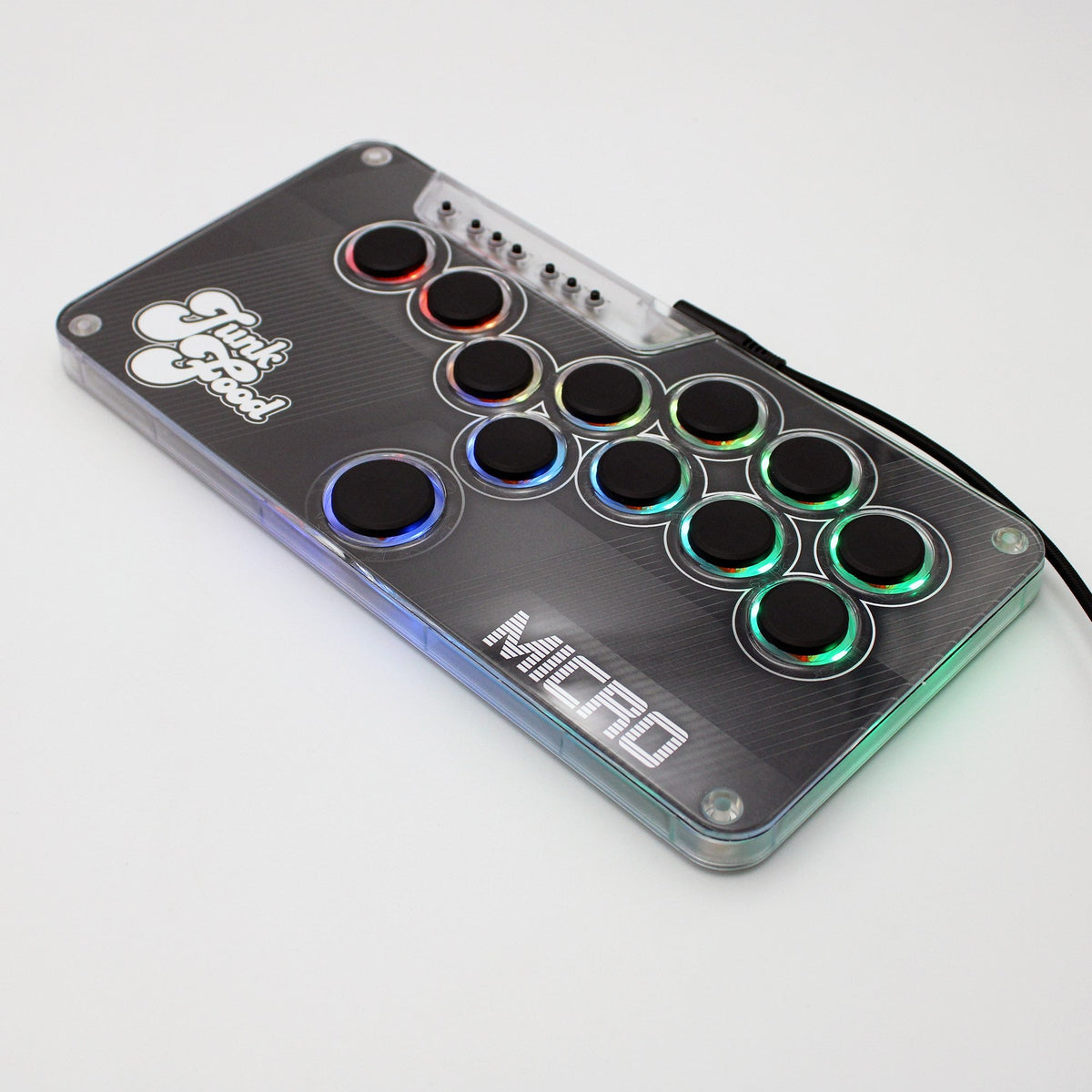 Snack Box MICRO leverless controller with RGB LEDs lit and USB-C cable, reviewed by Siliconera