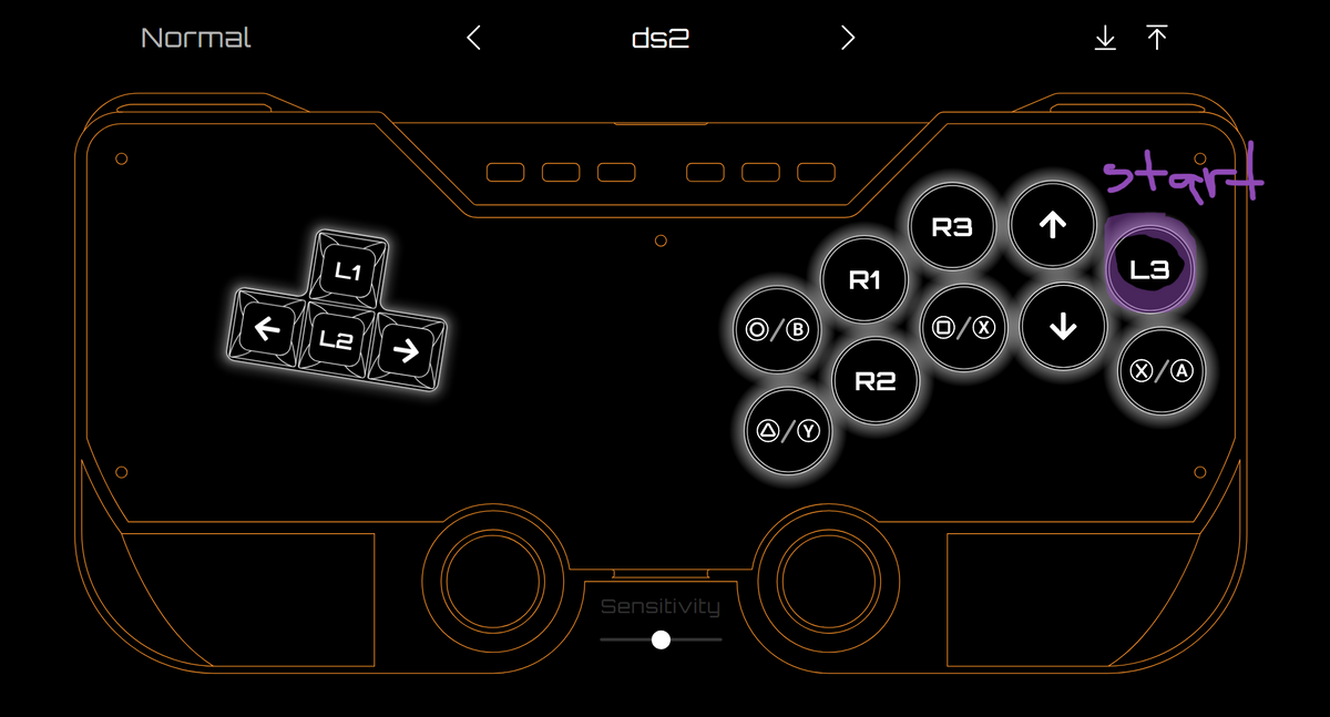 Dark Souls II layout for the SWORL leverless FGC fight stick controller, by meow