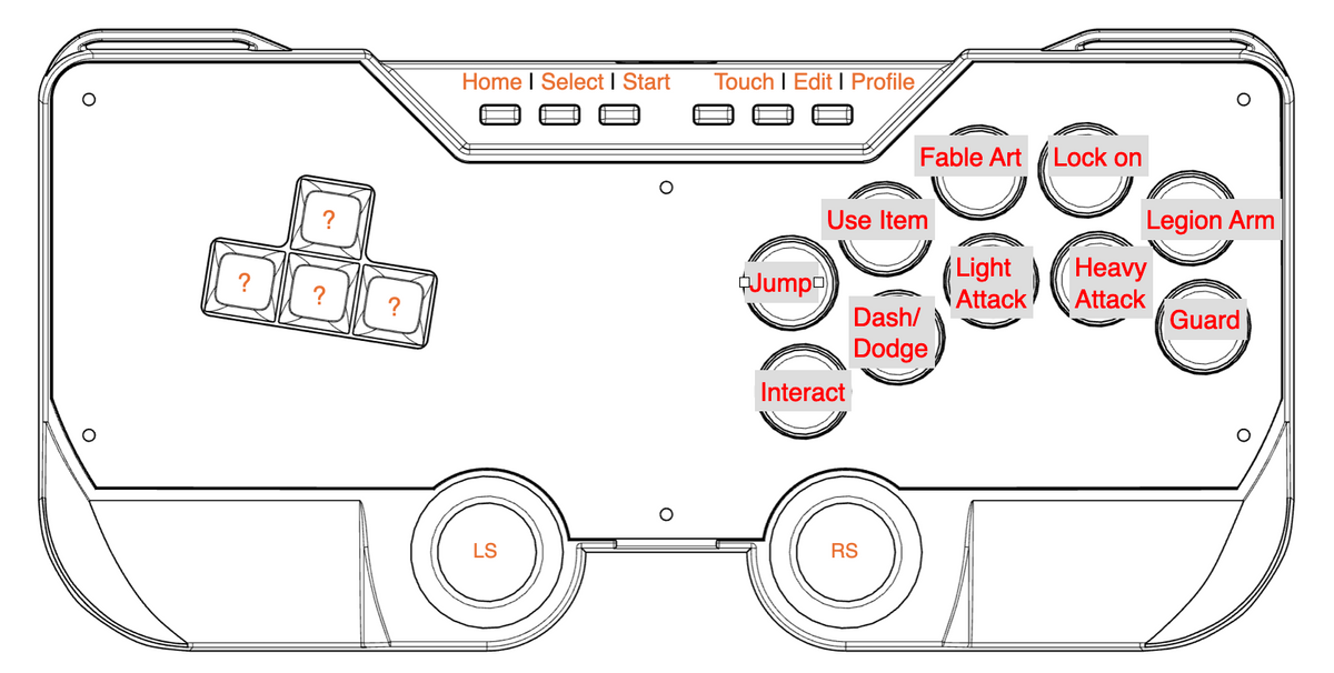 Lies of P layout for the SWORL leverless FGC fight stick controller, by Isabel