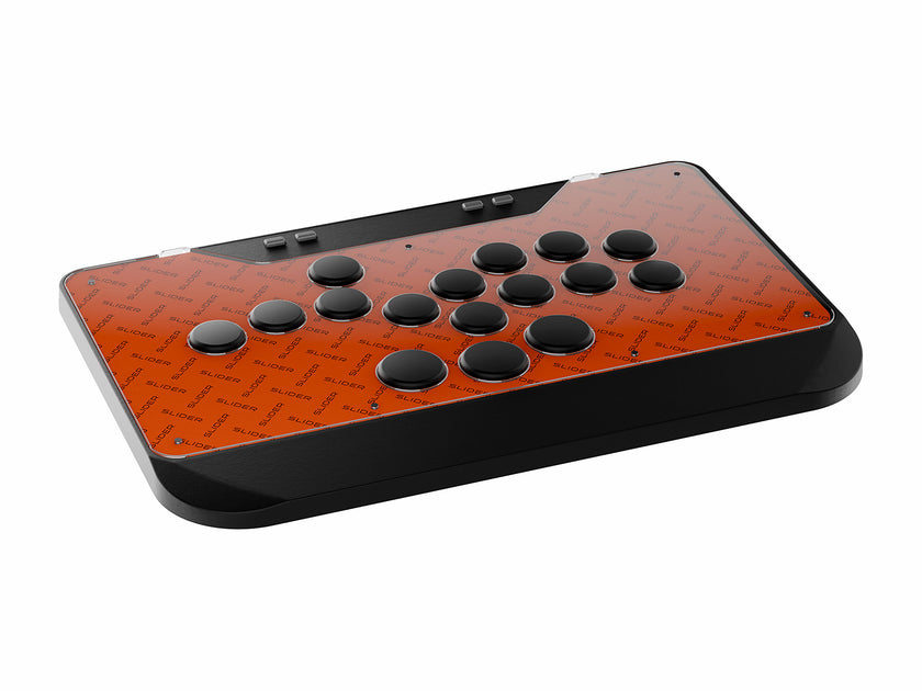 Isometric render of the SLIDER modular 16-button leverless fight stick controller with orange artwork top and black buttons