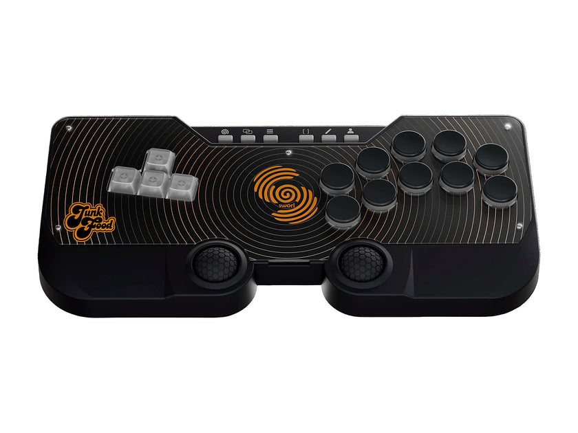 SWORL leverless FGC fight stick controller with Hall effect thumb domes and standard JunkFood artwork, top view