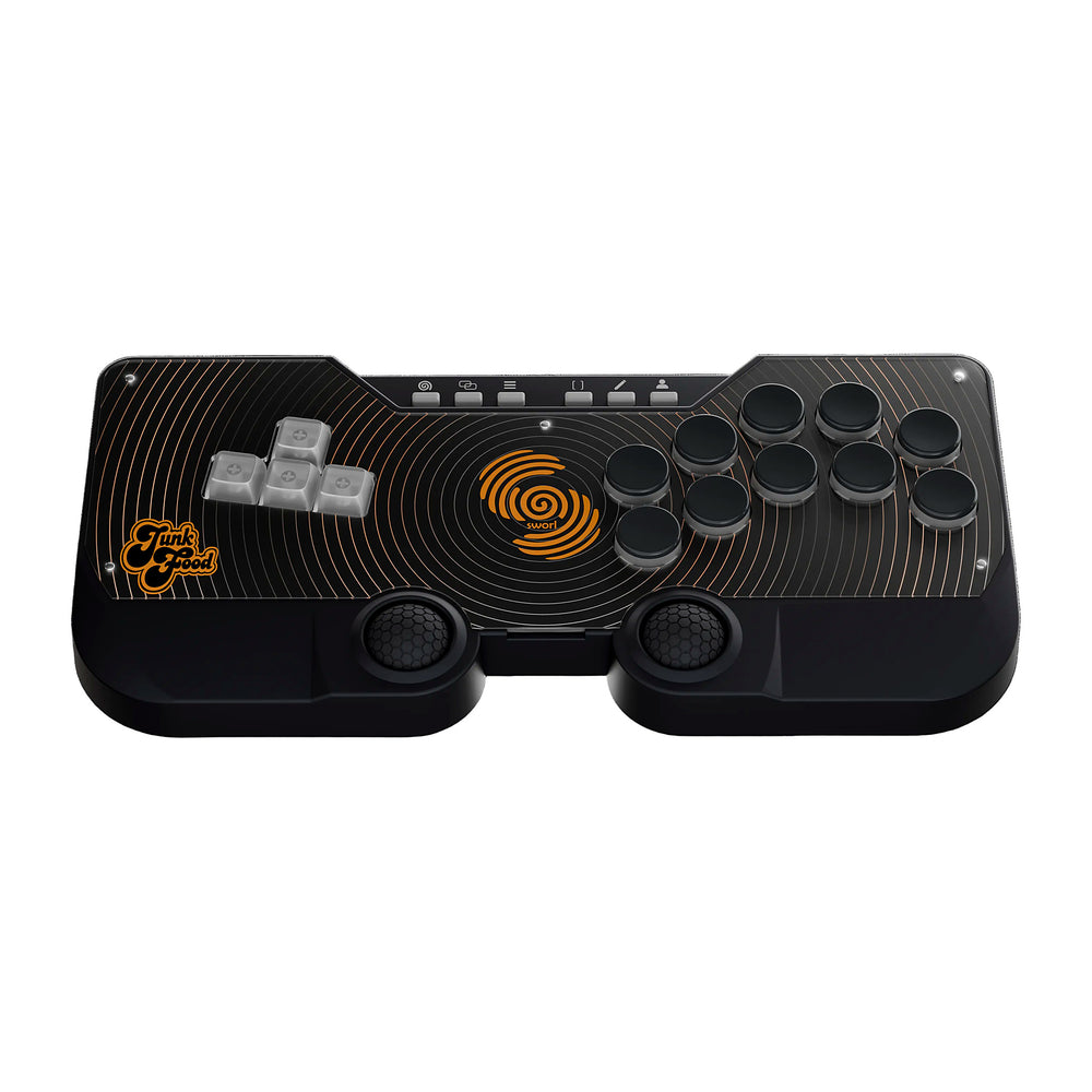 SWORL leverless FGC fight stick controller with Hall effect thumb domes and standard JunkFood artwork, top view