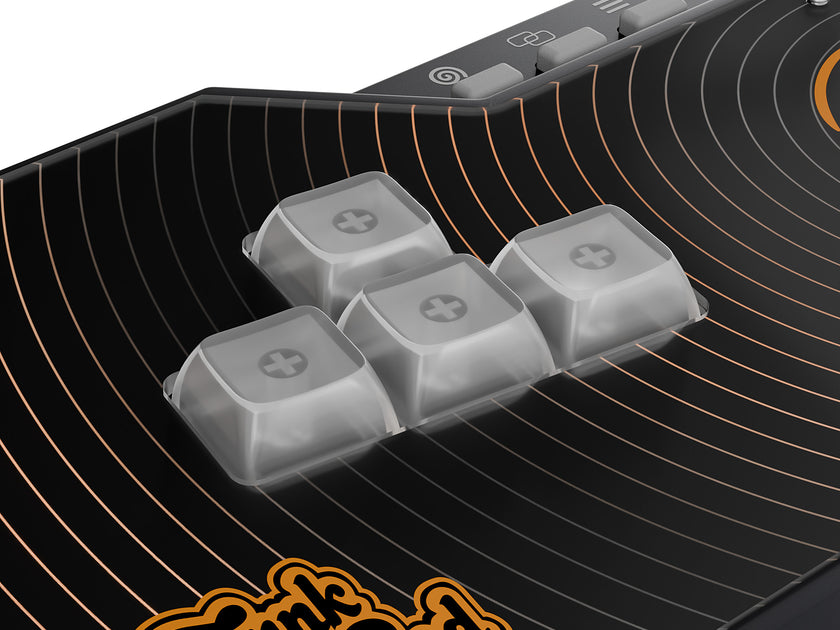 Close-up of the keyboard-style directional keycaps and menu buttons on the SWORL leverless FGC fight stick controller