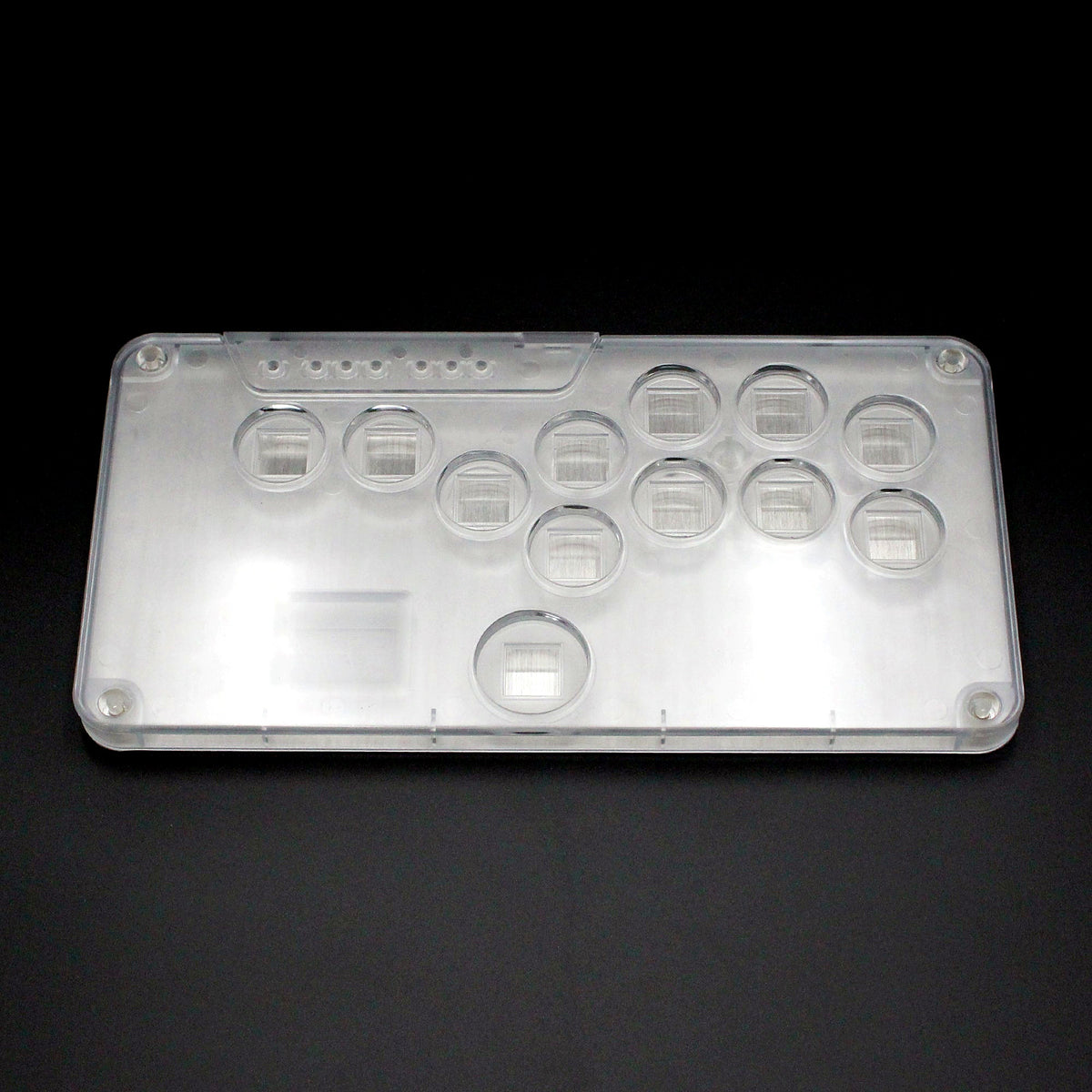 Clear Artwork Case shell for the Snack Box MICRO leverless FGC fight stick controller, top view