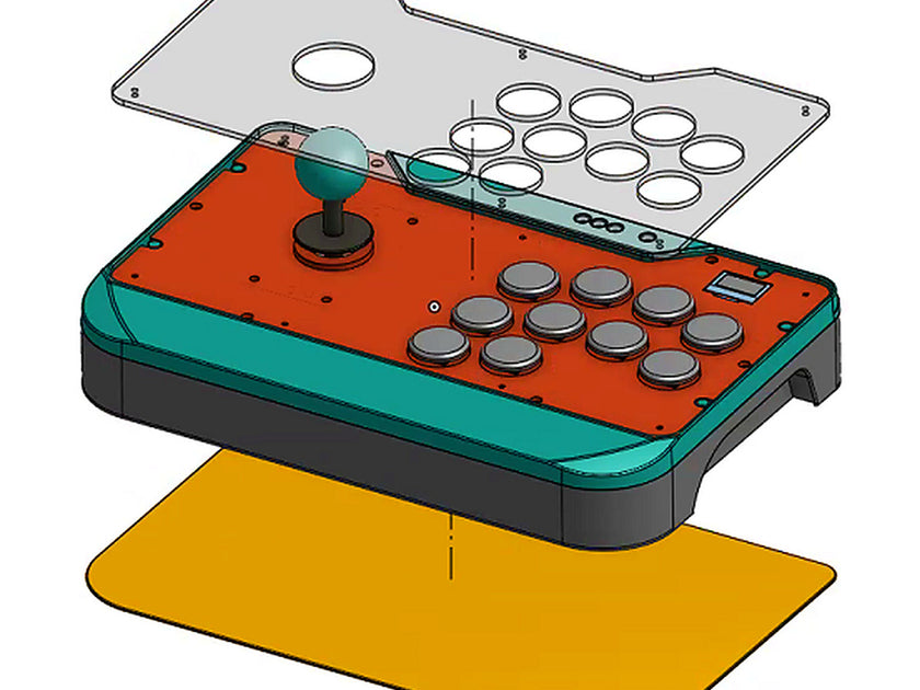 Exploded render of the SLIDER Stick Sanwa joystick edition fight stick showing the clear top, joystick layout and orange art insert