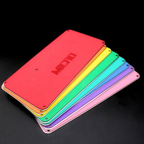Medium metal plates for the Snack Box MICRO leverless FGC fight stick controller in red, yellow, green, blue, pink and purple