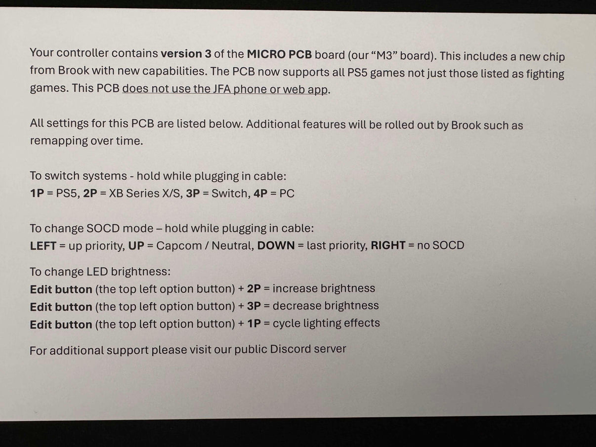Text instructions on a screen about a controller's Micro PCB version 3 with settings and commands.