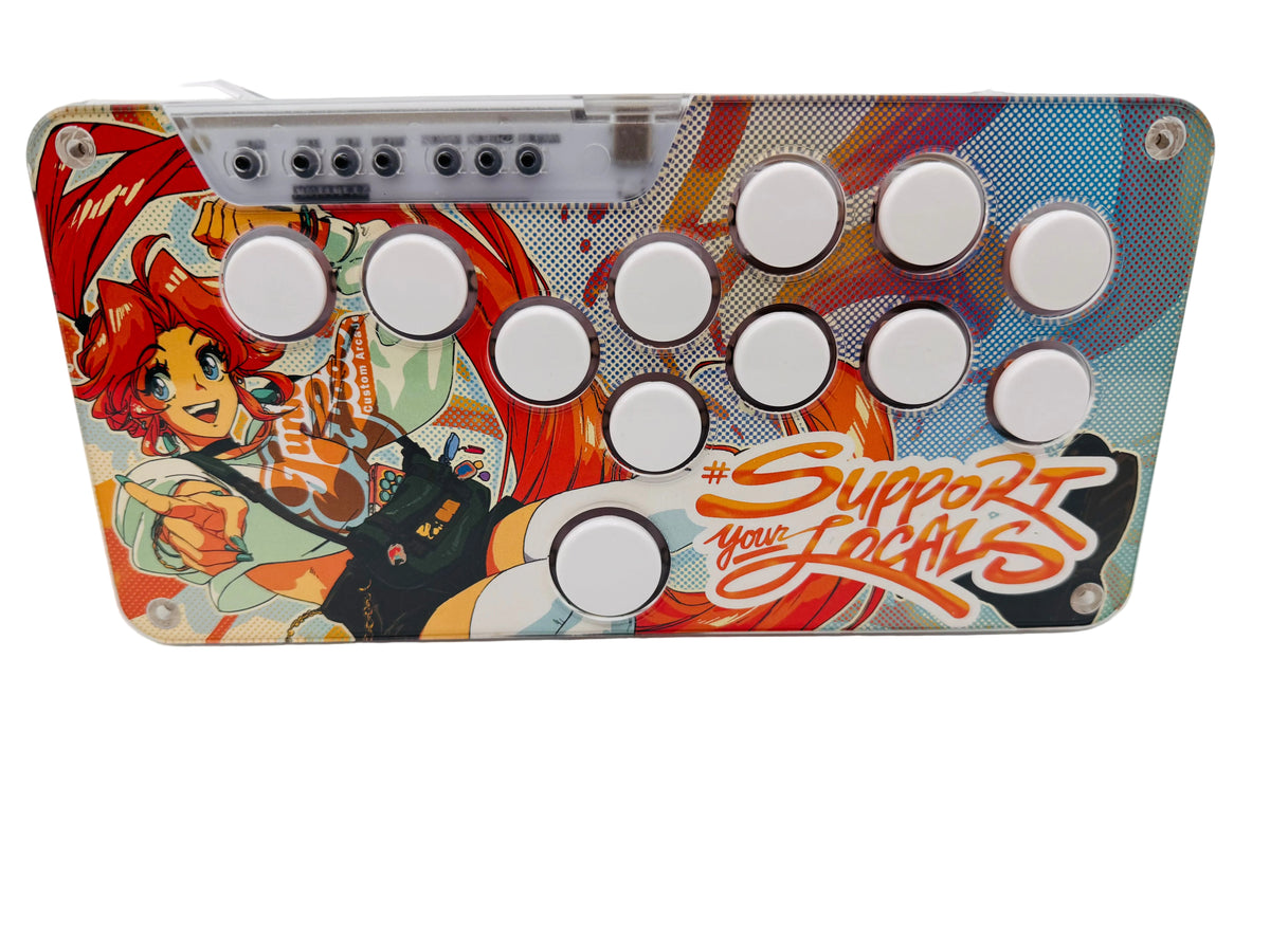 Snack Box MICRO leverless FGC controller an arcade-style controller with anime character design on a white background