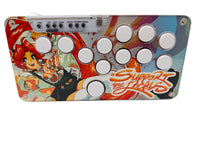 Snack Box MICRO leverless FGC controller an arcade-style controller with anime character design on a white background