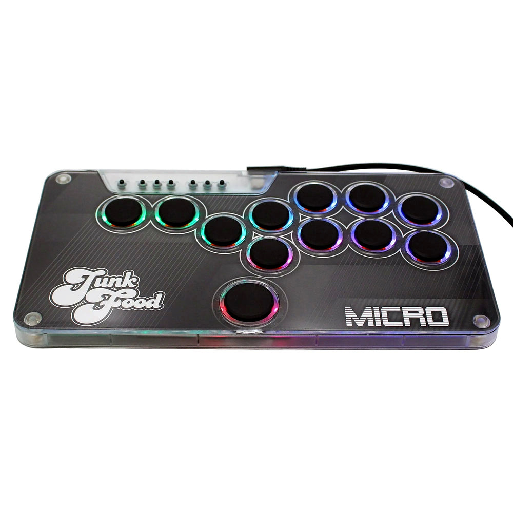 Snack Box MICRO leverless FGC fight stick controller with JunkFood artwork, RGB LEDs lit and USB-C cable attached