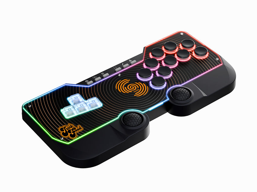 SWORL leverless FGC fight stick controller with RGB LEDs lit around the buttons and Hall effect thumb domes