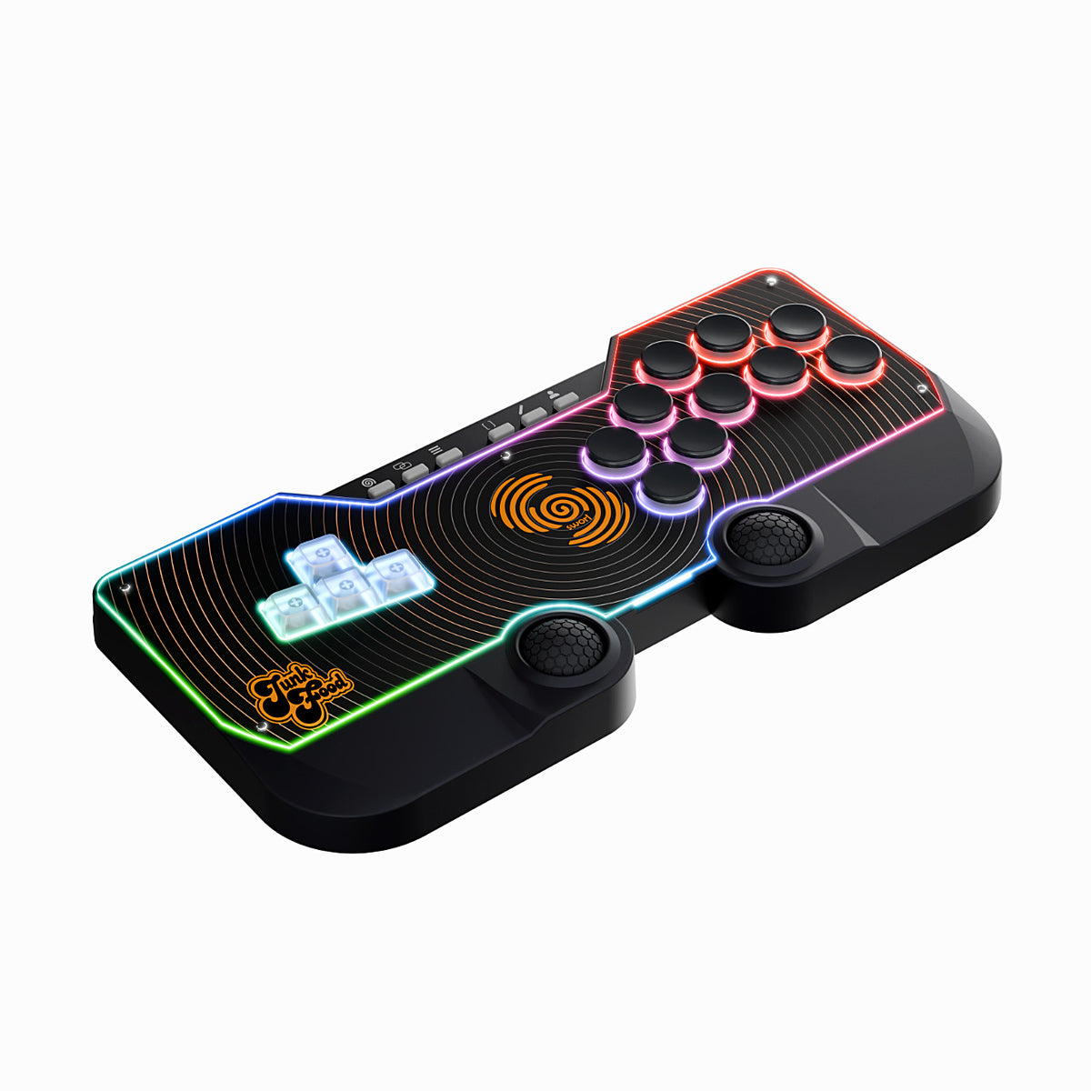 SWORL leverless FGC fight stick controller with RGB LEDs lit around the buttons and Hall effect thumb domes