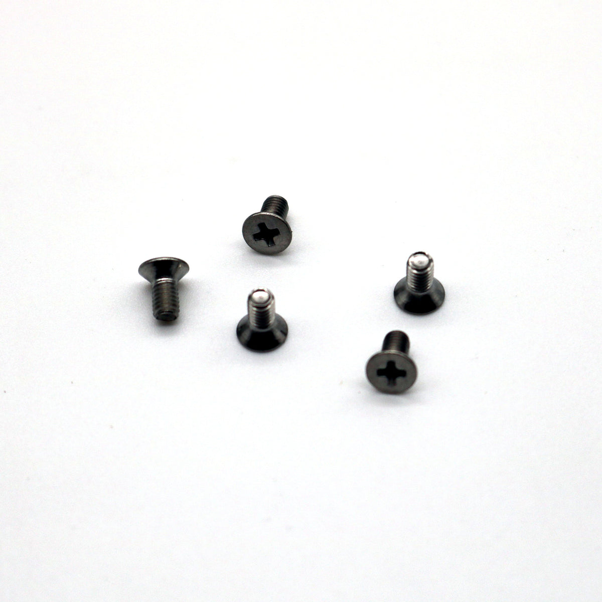 Five M2.5 8mm bottom screws, silver with black heads, for the Snack Box MICRO leverless FGC fight stick controller