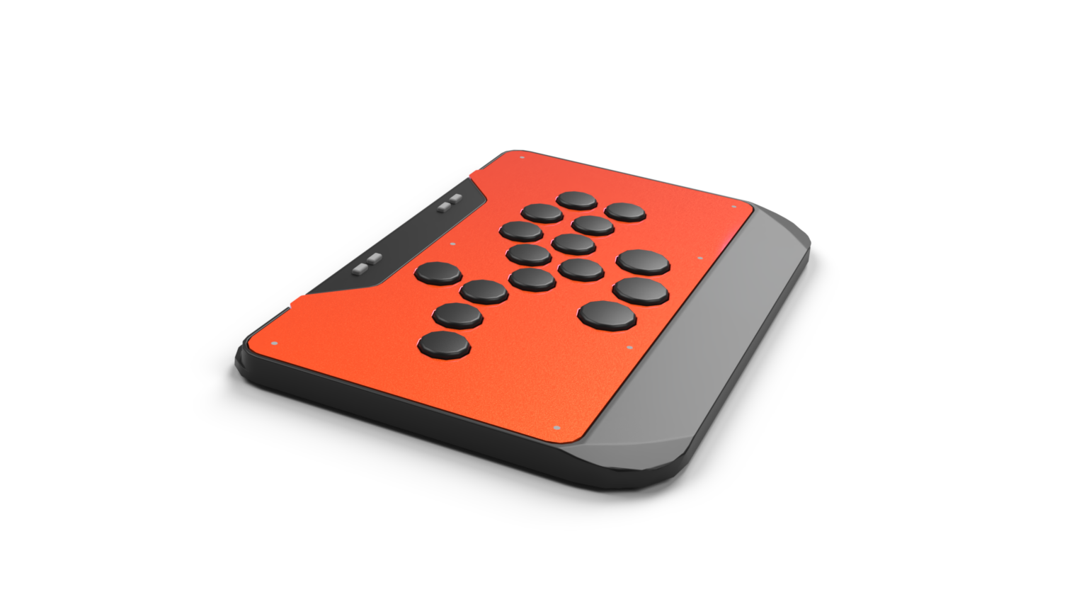 Orange and gray electronic device with circular buttons on a white background