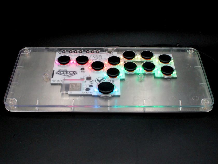 MICRO XL leverless FGC fight stick controller with clear top showing the PCB and black keycaps