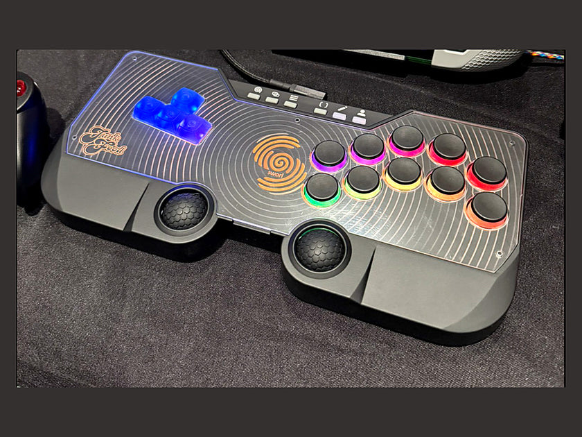 SWORL leverless FGC fight stick controller connected to a Steam Deck by USB cable while playing a game