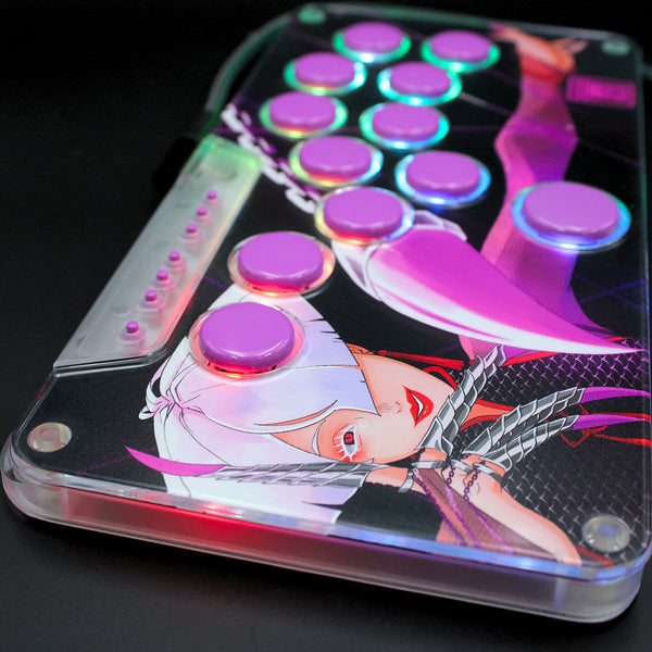 Snack Box MICRO with purple keycaps and custom anime artwork, RGB lit