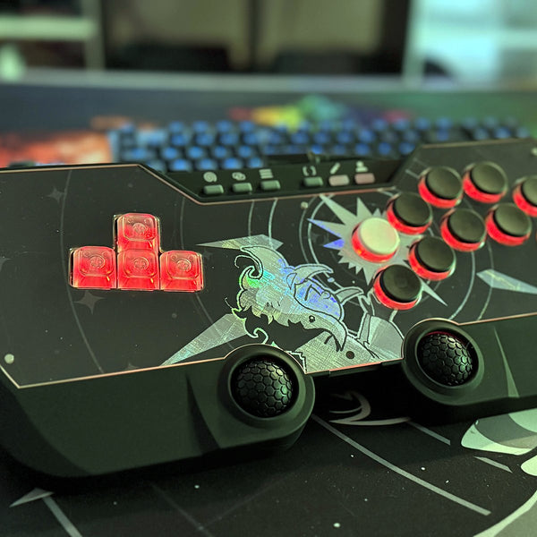 SWORL controller with red keycaps and custom dark artwork