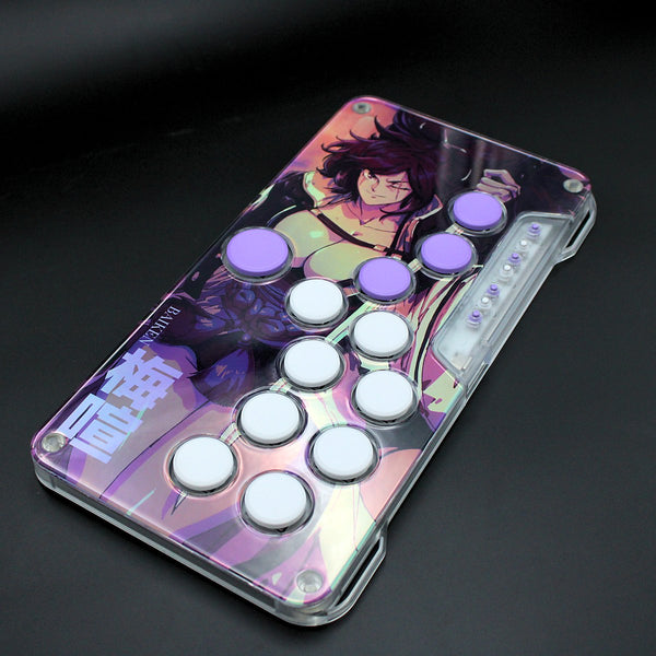 Clear Snack Box MICRO with purple and white keycaps and custom artwork