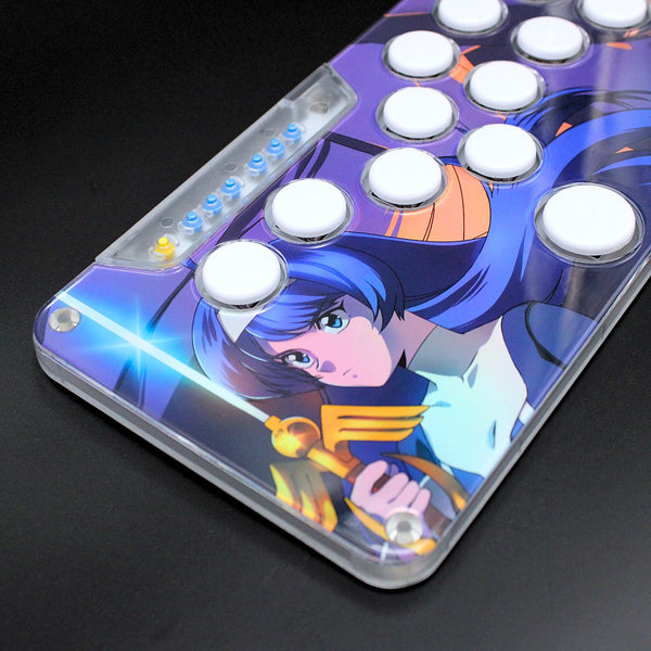 Clear Snack Box MICRO with white keycaps and custom blue anime artwork