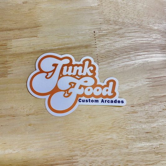 Junk Food Custom Arcades Logo Sticker in white with orange and black font